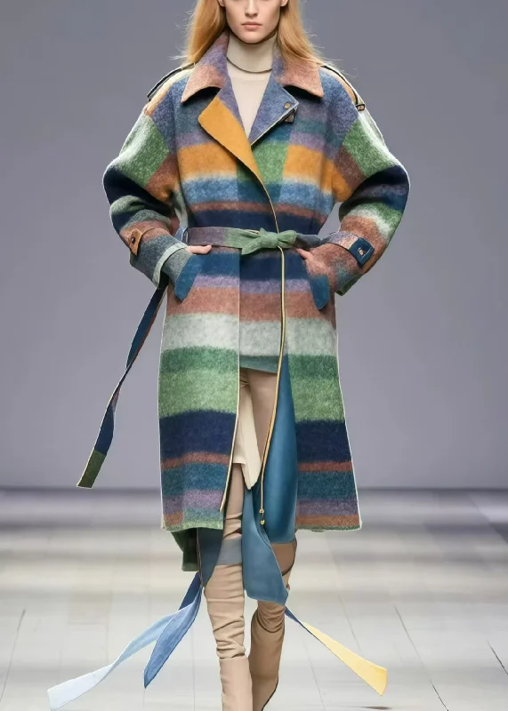 Chic Multicolor Tie Waist Striped Woolen Coat Fall