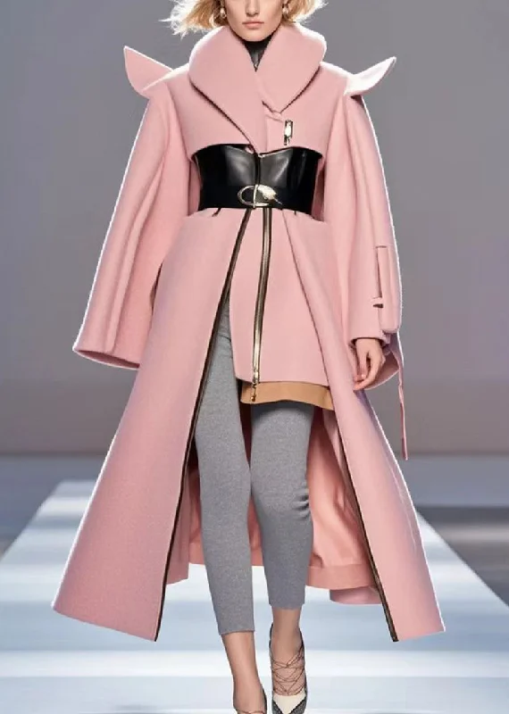 Chic Pink Asymmetrical Patchwork Woolen Coat Outwear Fall