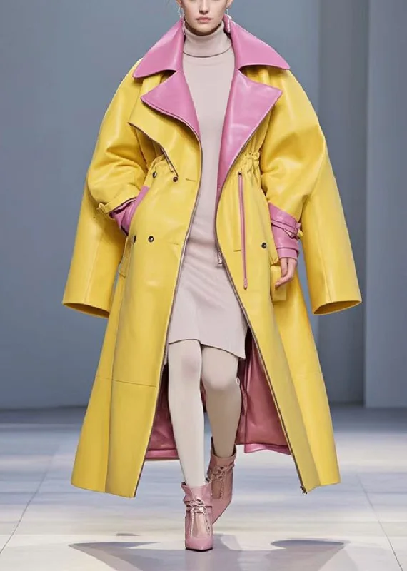 Fashion Yellow Cinched Patchwork Faux Leather Coat Fall