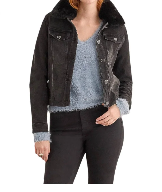 Faux Fur Collar Jean Jacket In Dusty Black