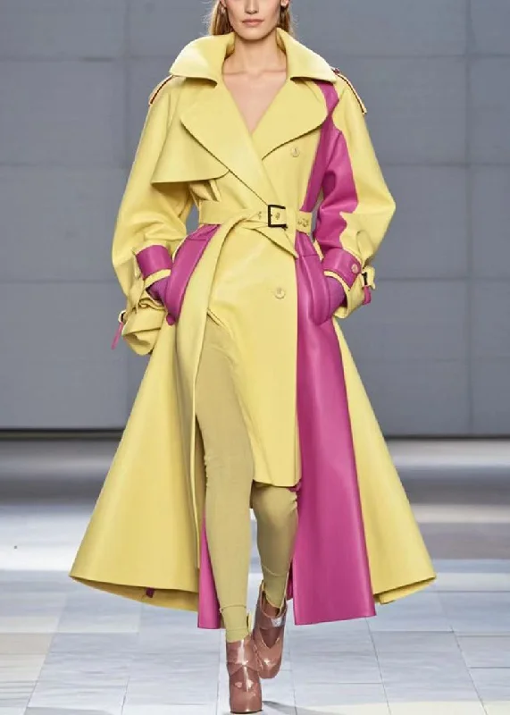 Silm Fit Yellow Asymmetrical Patchwork Faux Leather Trench Coats Fall