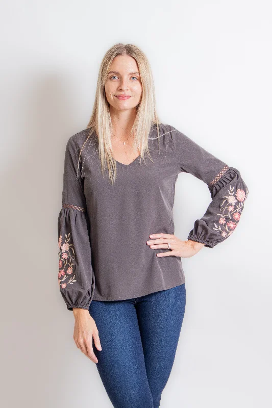 Gray Blouse with Pink Floral Embroidery