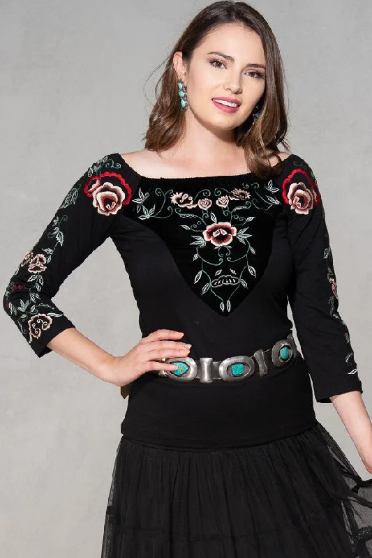 Black Blouse with Green Embroidery