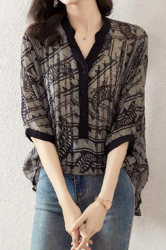 Beaded Decorated Ethnic Print Sheer Blouse