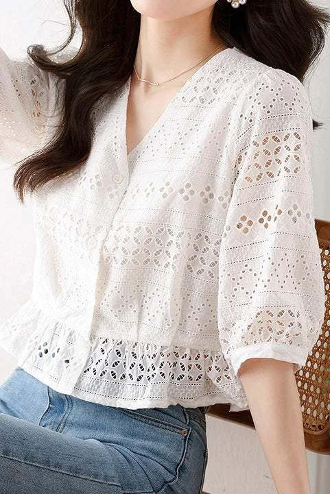 V-neck Cutwork Embroidered Blouse with Lining