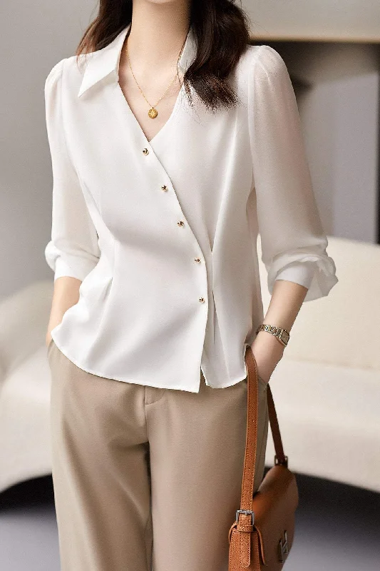 Mixed Material Skipper Collar Satin Blouse - 2 Colors Available