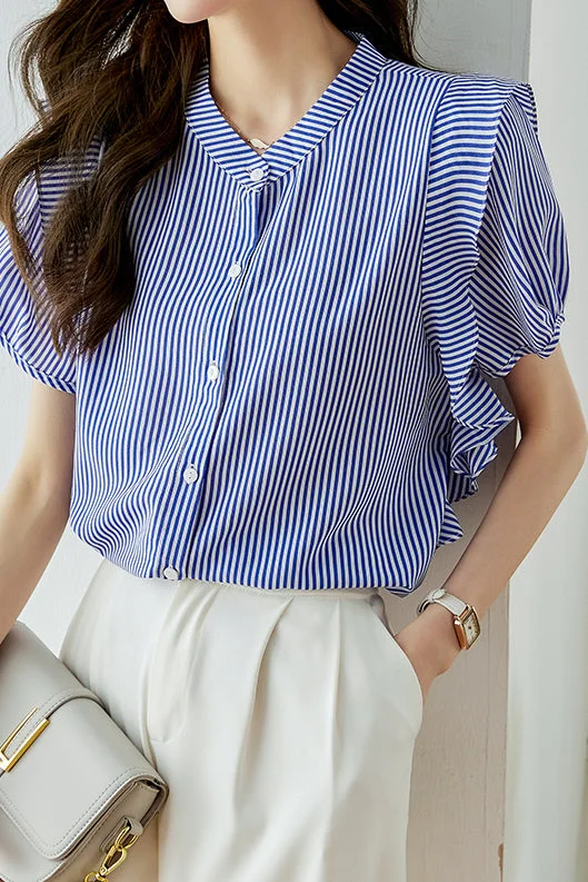 Band Collar Flare Contrast Striped Blouse