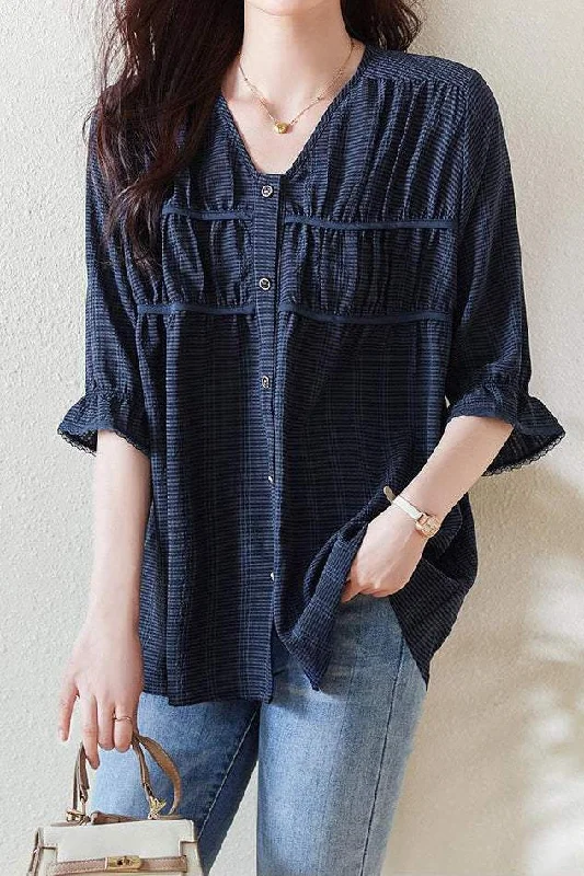 V-neck Piping Contrast Check Gathered Blouse