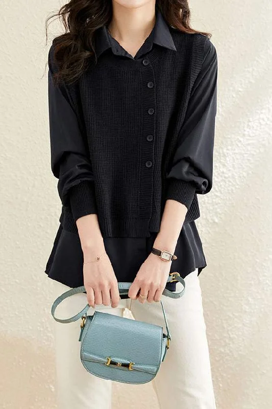 Layered Look Knit Vest Contrast Casual Blouse - 4 Colors Available