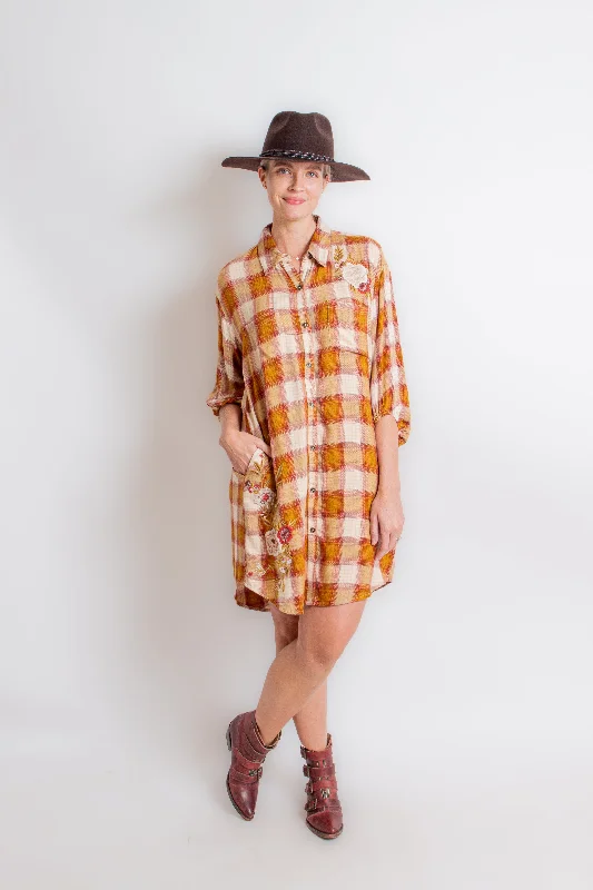 "Penni" Gold Plaid Shirt Dress