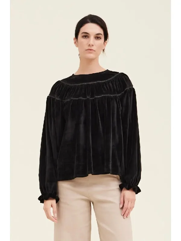 Lace Trim Mixed Velvet Shirt - Black