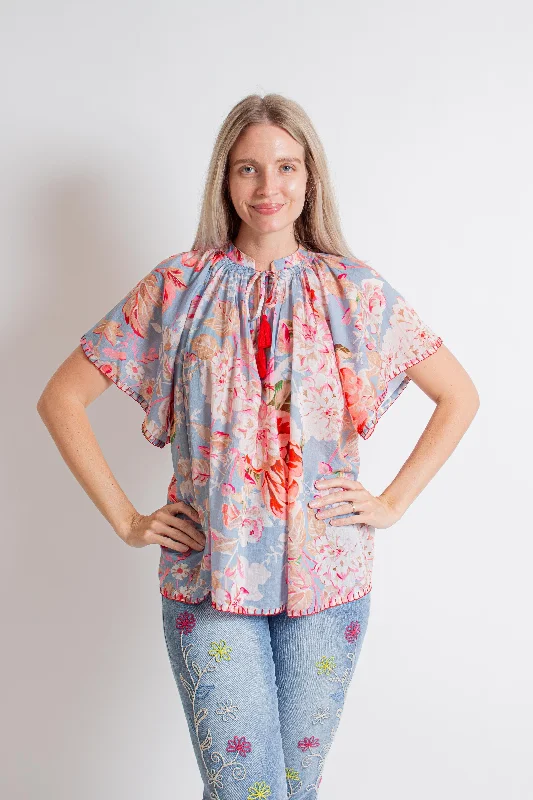 "Chloe" Blue/ Pink Floral Blouse