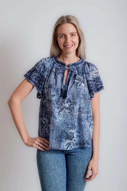 "Violet" Chambray Navy Blouse