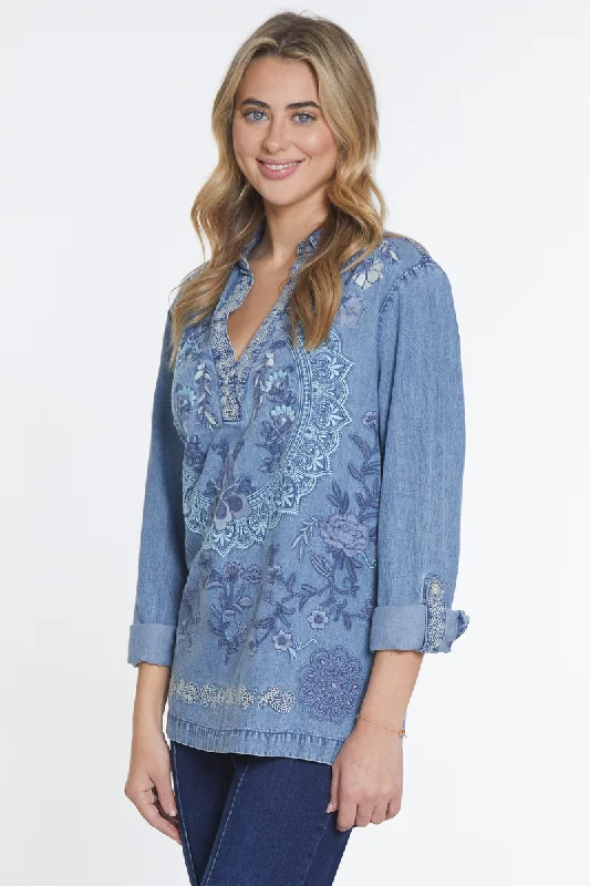 Blue Embroidered V-Neck Collar Shirt