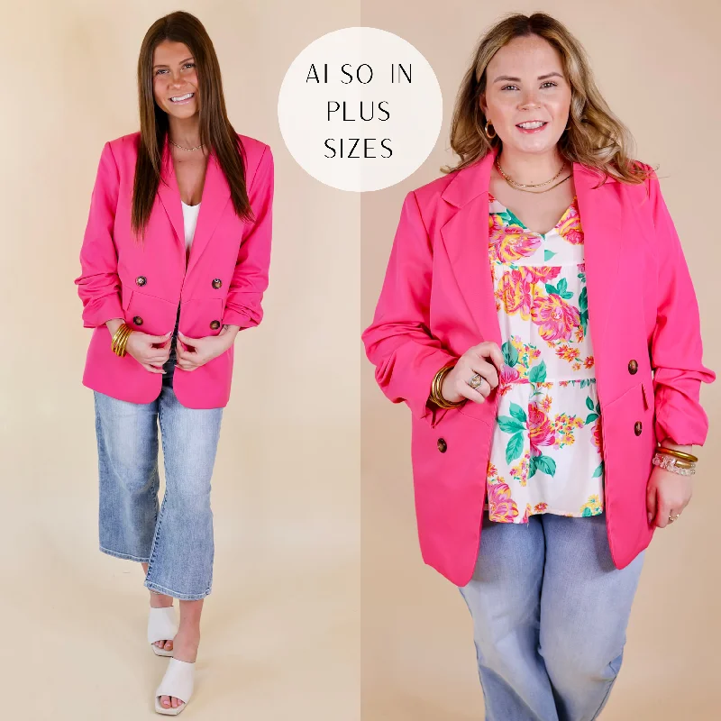 Editors Choice 3/4 Sleeve Double Button Blazer in Hot Pink