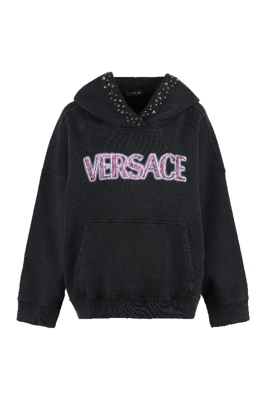 Black Versace Hoodie with Decorative Metal Studs and Vintage Effect