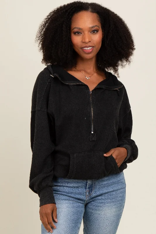 Charcoal Waffle Knit Half Zip Relaxed Fit Hoodie