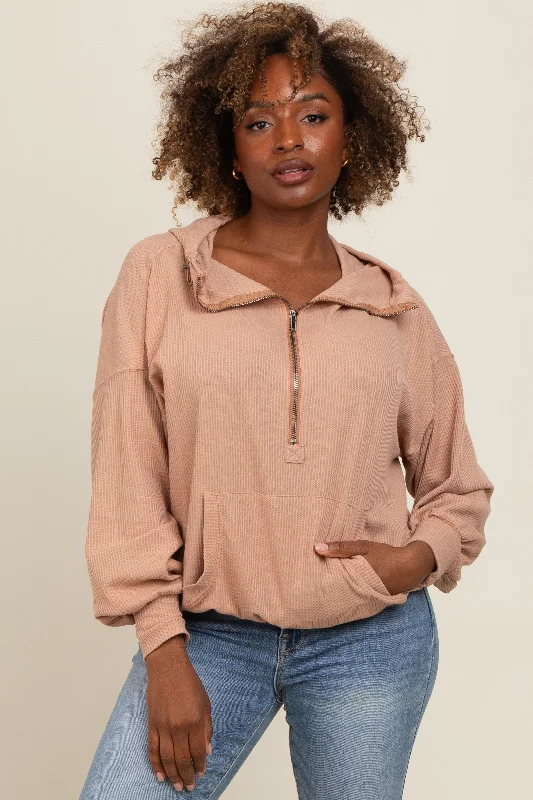 Mocha Waffle Knit Half Zip Relaxed Fit Hoodie