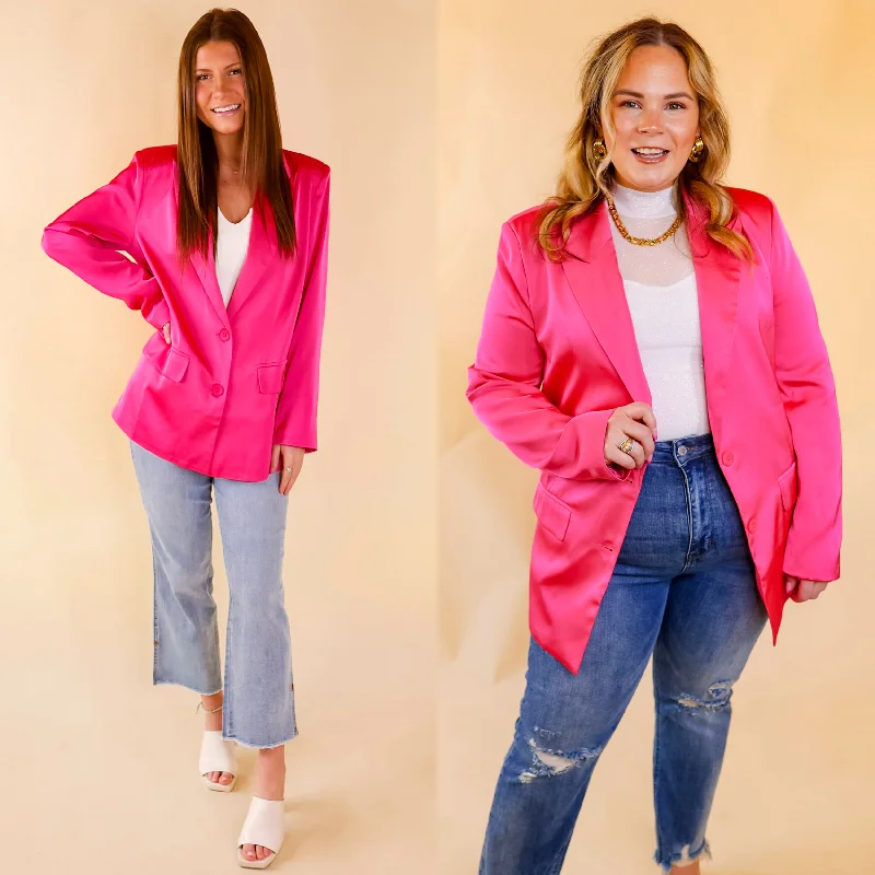 Touch Of Luxury Long Sleeve Satin Blazer in Hot Pink