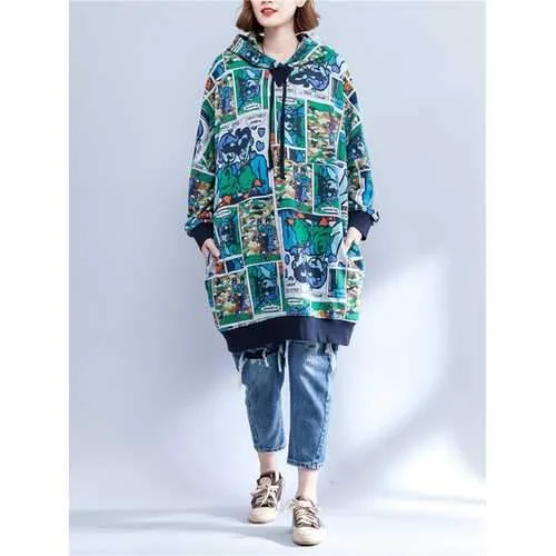 Plus Size Women Cartoon Pattern Long Sleeve Hooded Dress