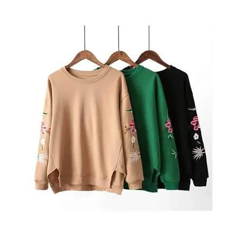 Casual Women Loose Round Neck Embroidery Thicken T Shirt