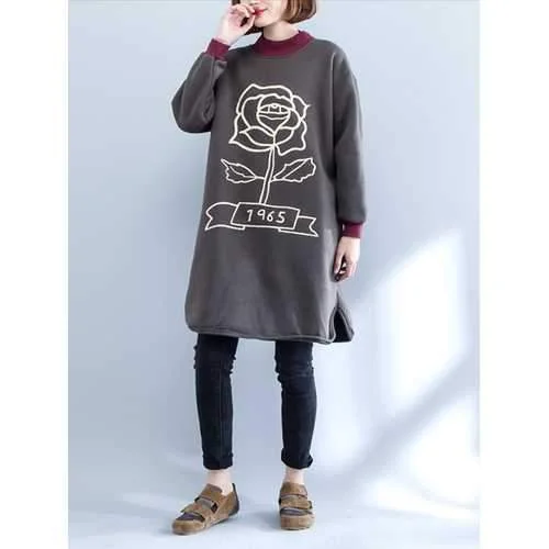 Plus Size Casual Women High Collar Printed Long Thick Sweatshirts