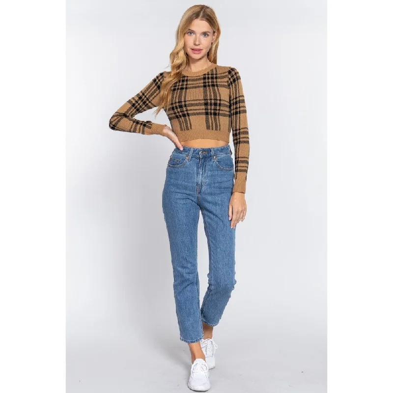 Camel-Black Long Sleeve Check Crop Sweater with Tartan Check Pattern