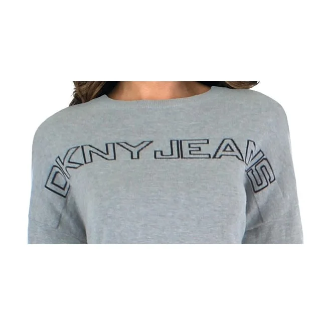 Dkny Women's Ribbed Trim Logo Crop Sweater Gray Size X-Large