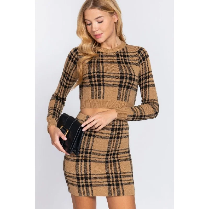 Long Slv Check Crop Sweater