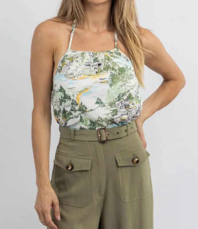 Francine Toile Print Halter Crop In Green