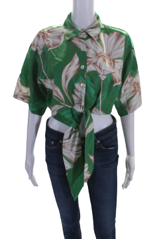 Misa Womens Kalema Floral Crop Tie Front Shirt Blouse Brown Green