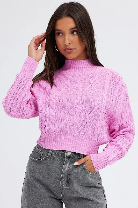 Pink Knit Jumper Long Sleeve Cabled Crop