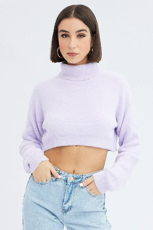 Purple Knit Jumper Turtle Neck Crop