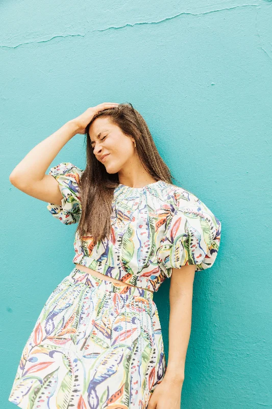 Tropical Puff Sleeve Jeweled Crop