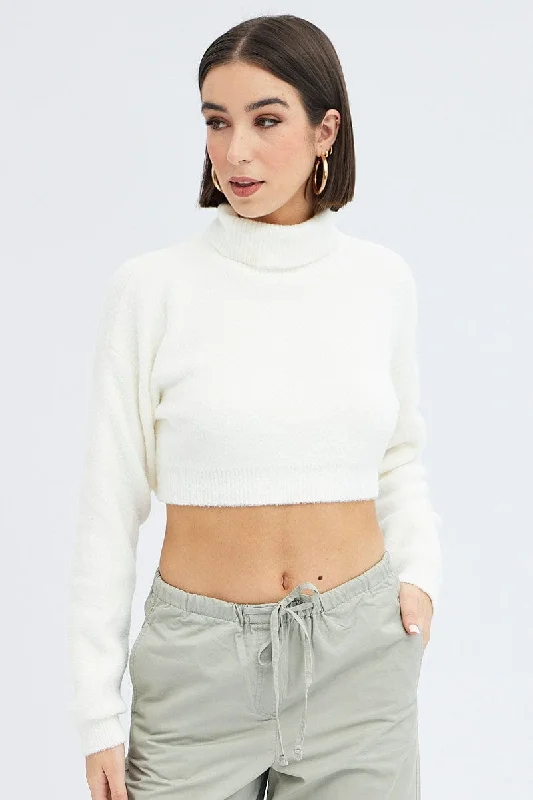 White Knit Jumper Turtle Neck Crop