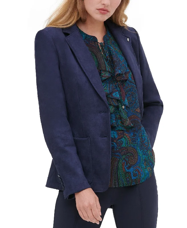 Tommy Hilfiger Women's Faux-Suede Notched-Lapel Blazer Dark Blue Size 2