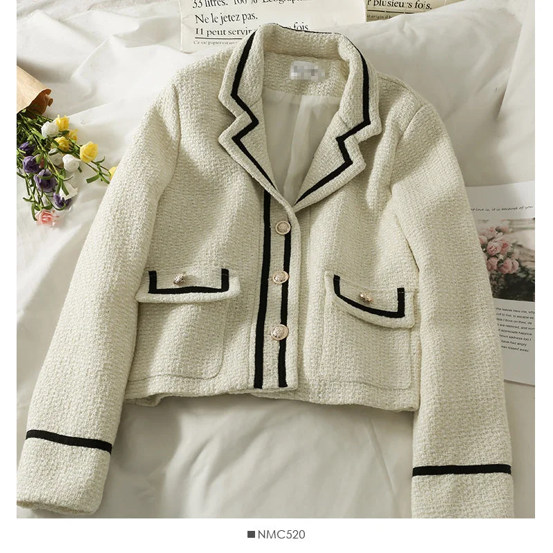 Striped tweed Lapel Blazer women's versatile single breasted long sleeved coat  2094