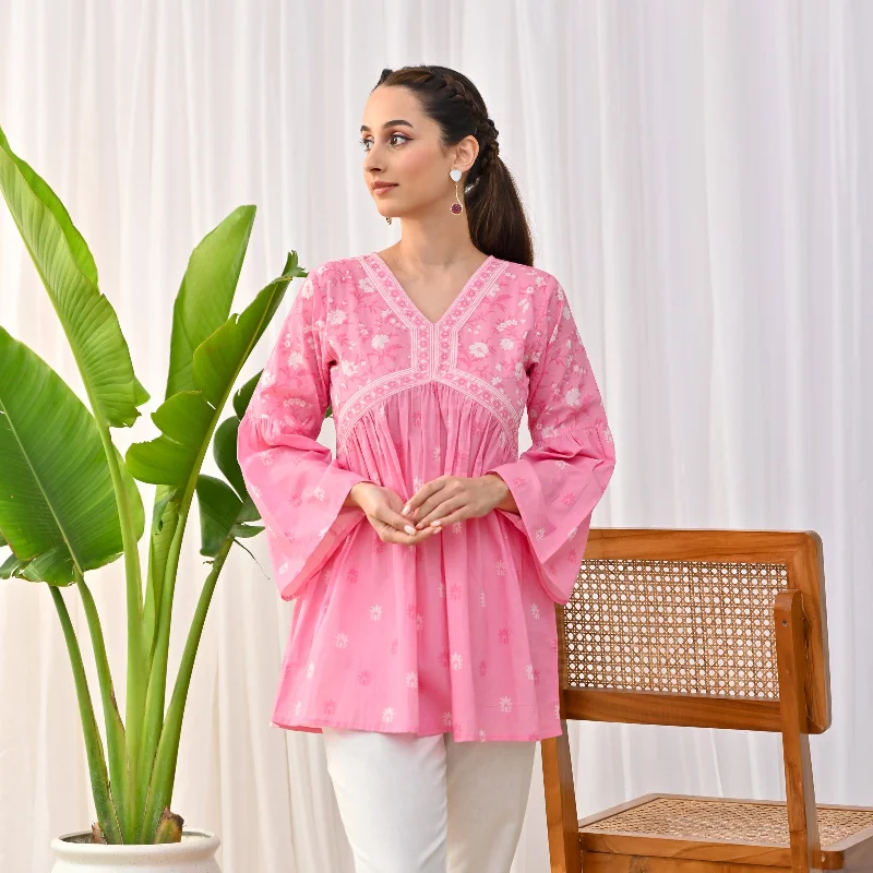 Baby Pink Sanganeri Print Tunic with Bell Sleeves