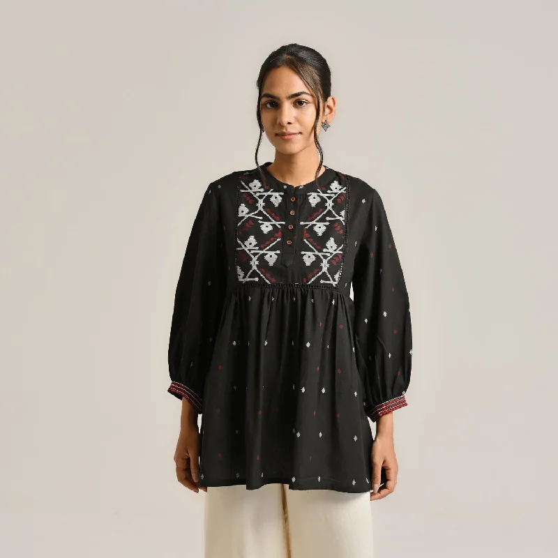 Black Linen Cotton Jamdani Printed Tunic