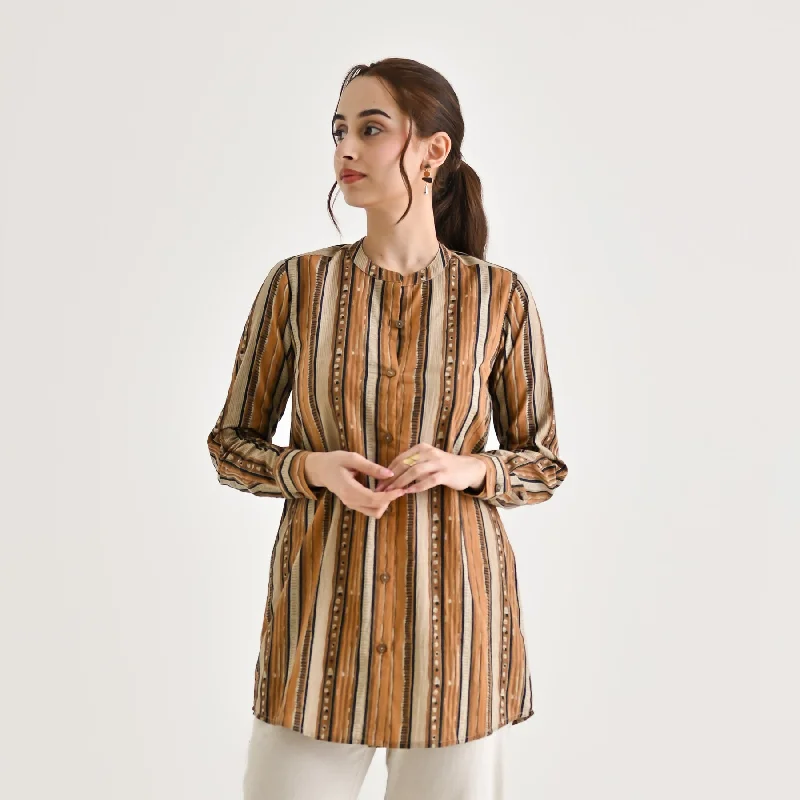 Brown Striped Sanganeri Button Down Cotton Tunic