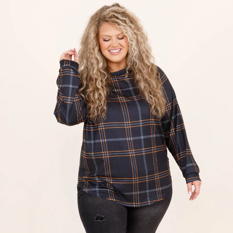 Curved Hem Slouchy Dolman Tunic, Gray Plaid