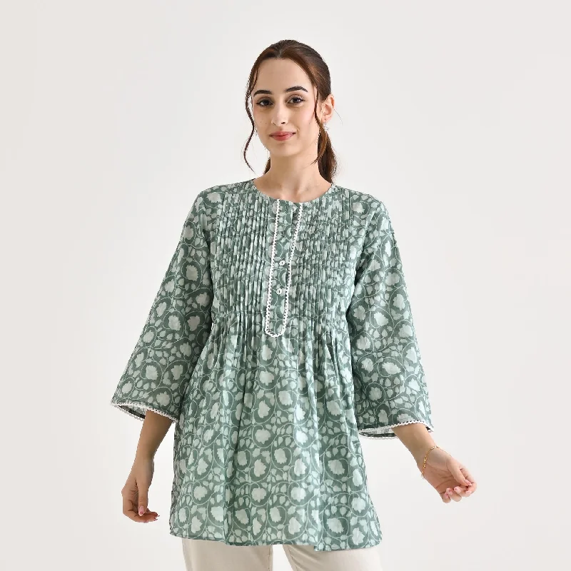 Dusty Blue Sanganeri Printed Cotton Tunic with Pintuck & Lace Details