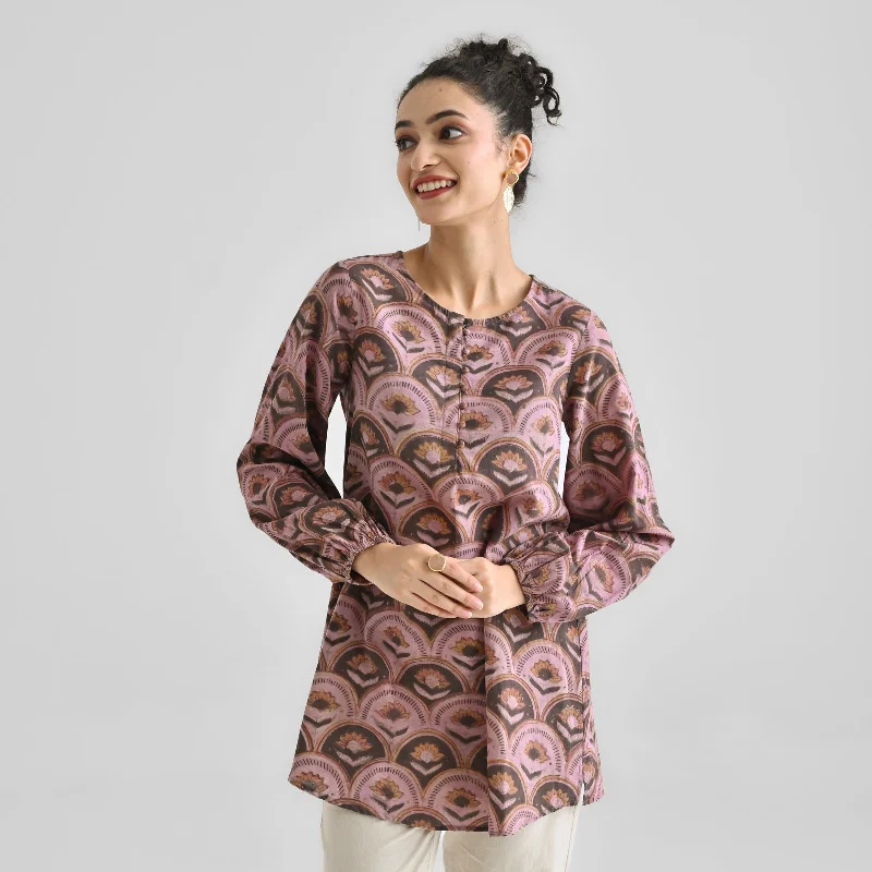 Dusty Pink Lotus Dabu Printed Cotton Tunic with Elastic Sleeve Detail