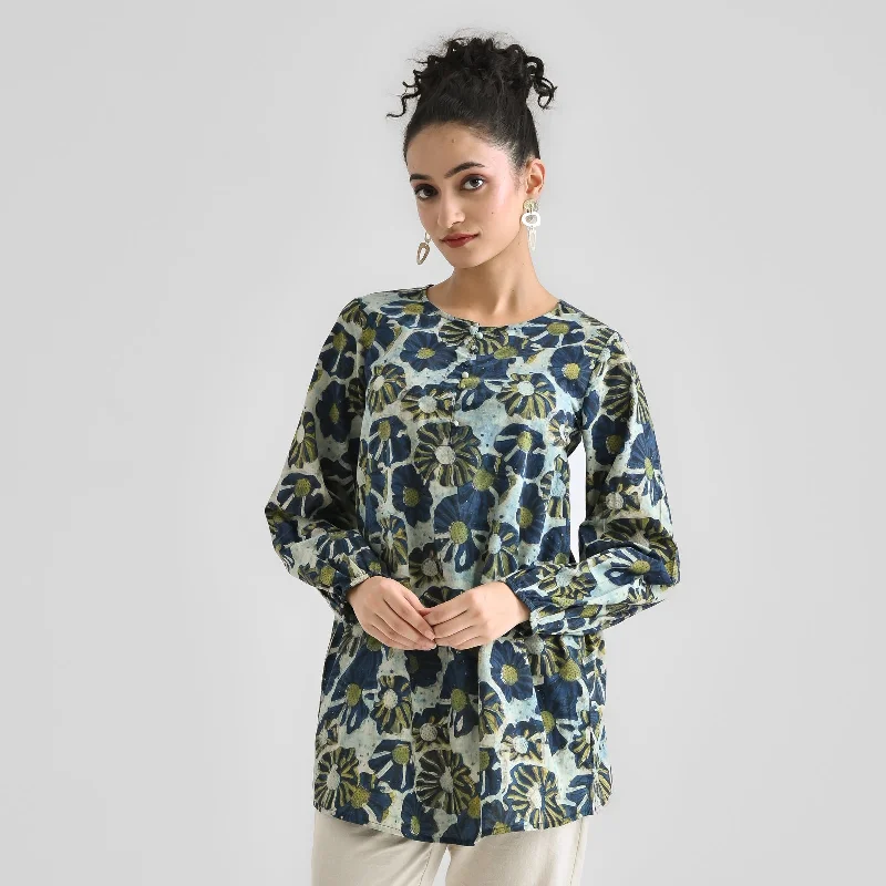 Indigo Contemporary Dabu Printed Cotton Tunic with Elastic Sleeve Detail