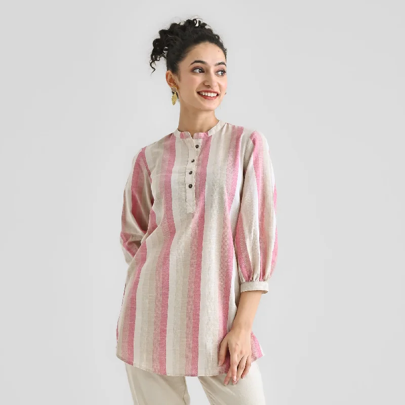 Pink Multicolour Woven Cotton Tunic with Puff Sleeve