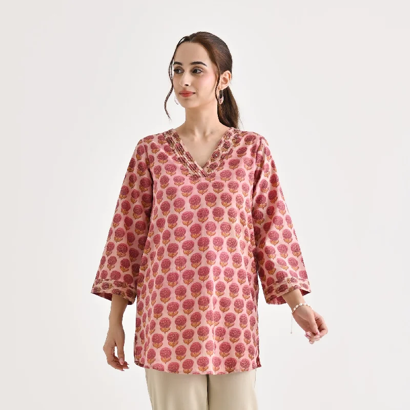 Pink Sanganeri Inspired Floral Cotton Tunic with Pintuck Neckline