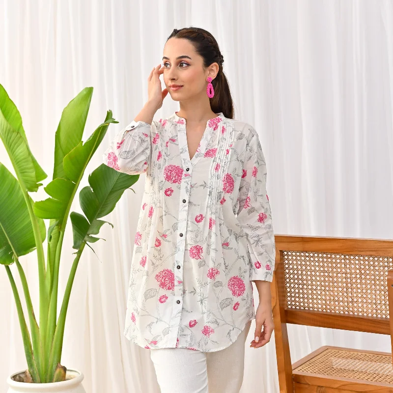 White Sanganeri Printed Shirt Tunic with Pintuck Details