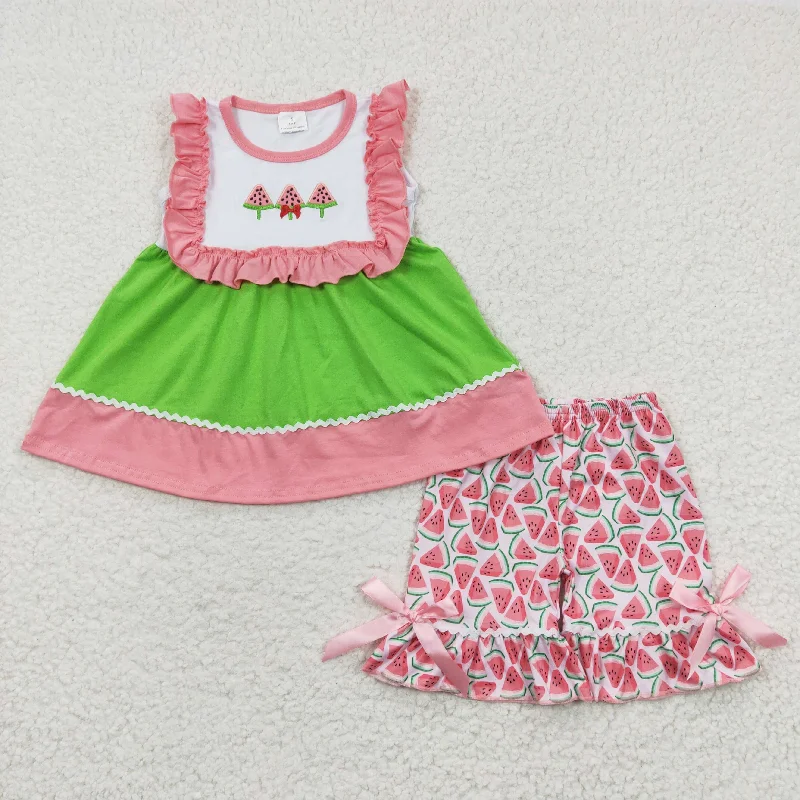 girls watermelon embroidery tunic shorts sets GSSO0179