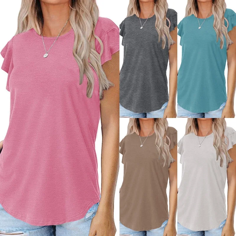 Lumento Summer Tops for Women Casual Ruffle Short Sleeve Top Round Neck Tunic Tops Tee Blouse