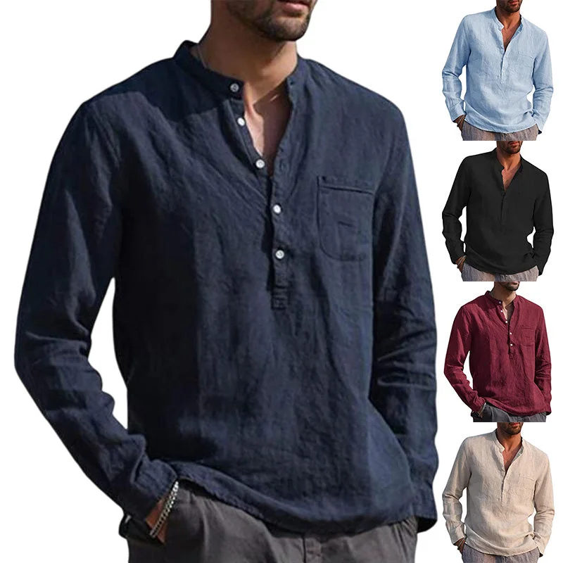 Men Solid Color Stand-Up Collar Shirt Blouse Casual Long Sleeve Top Tunic Pocket